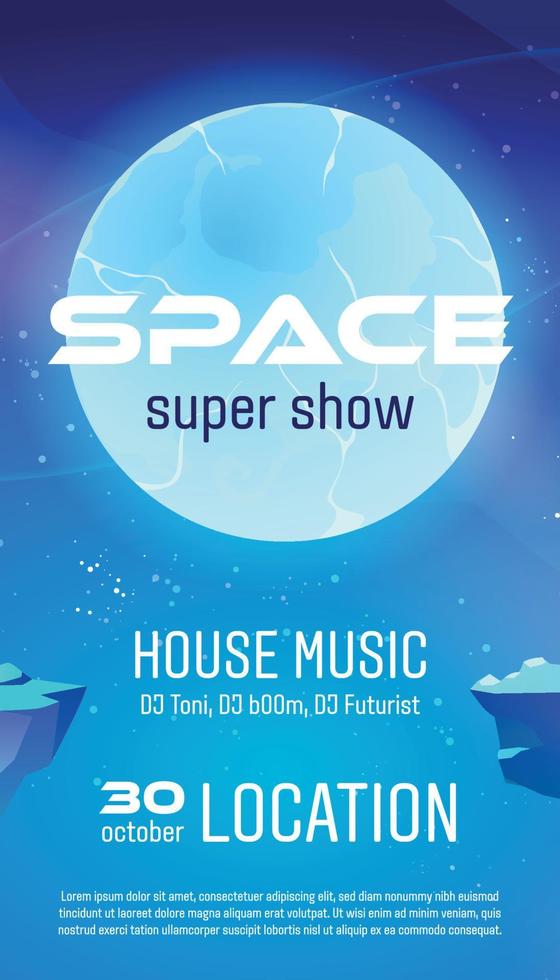 Space super show flyer, cartoon poster, invitation vector