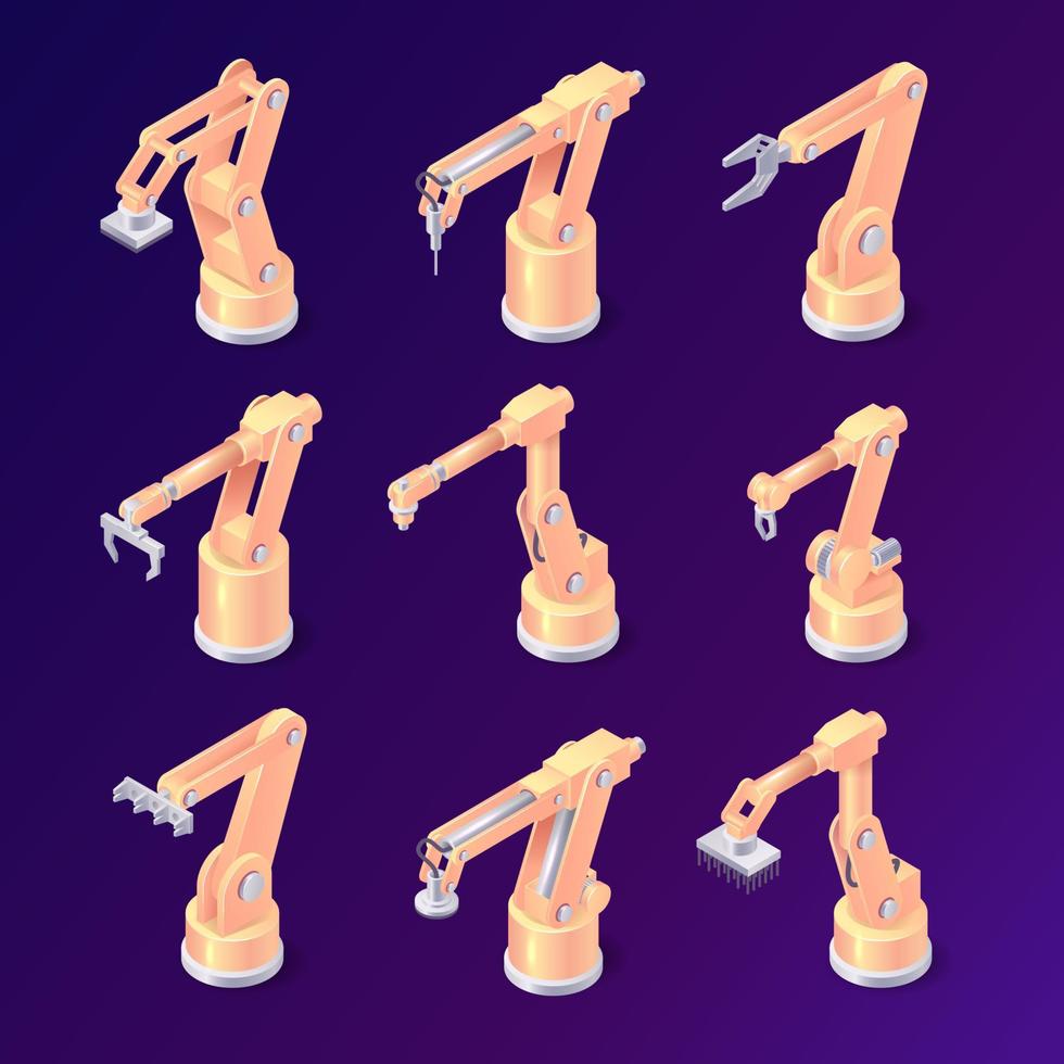 Isometric robot arms, factory robotic hands set vector