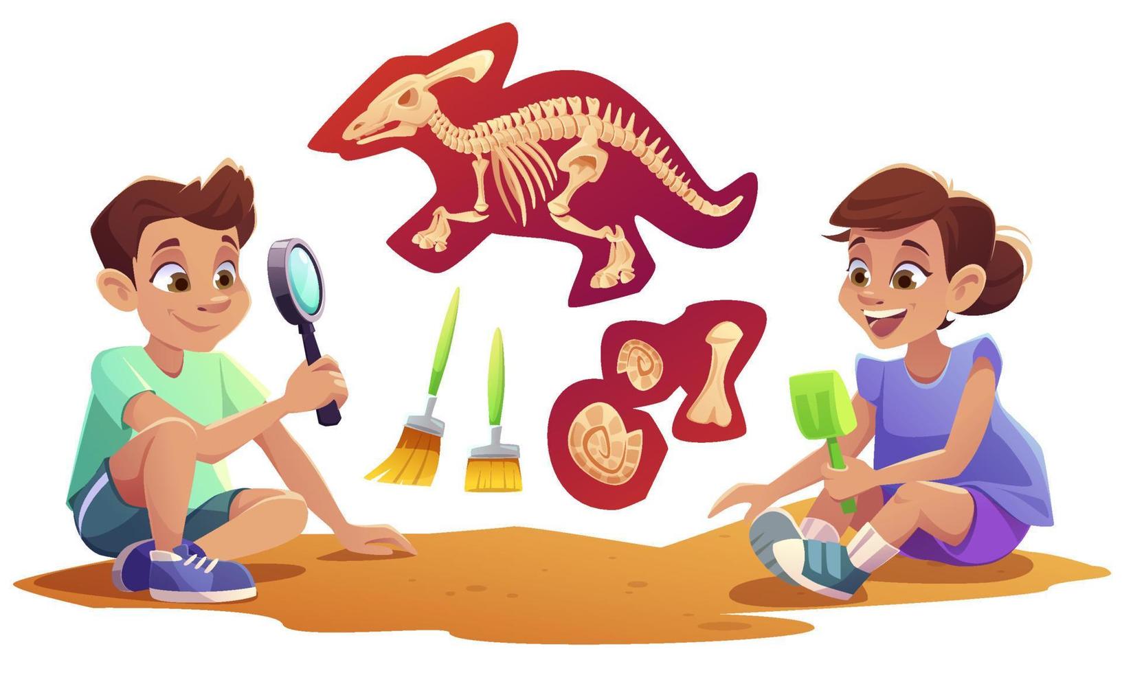Kids playing in archaeologists working excavations vector