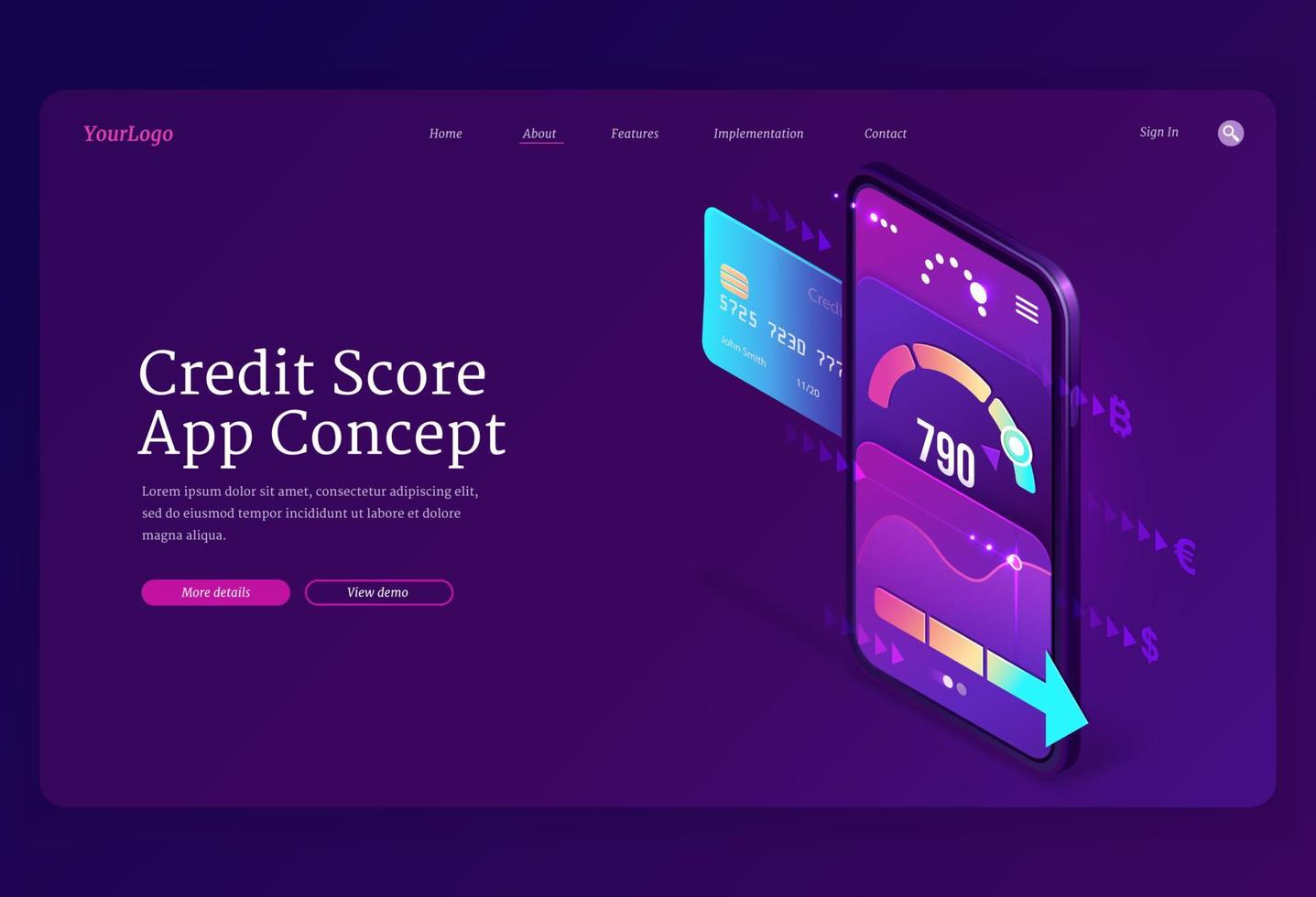 Credit score isometric landing page, bank rating vector