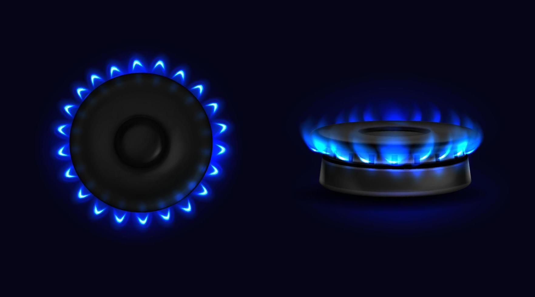 Estufa de gas en llamas con vista superior o lateral de llama azul vector