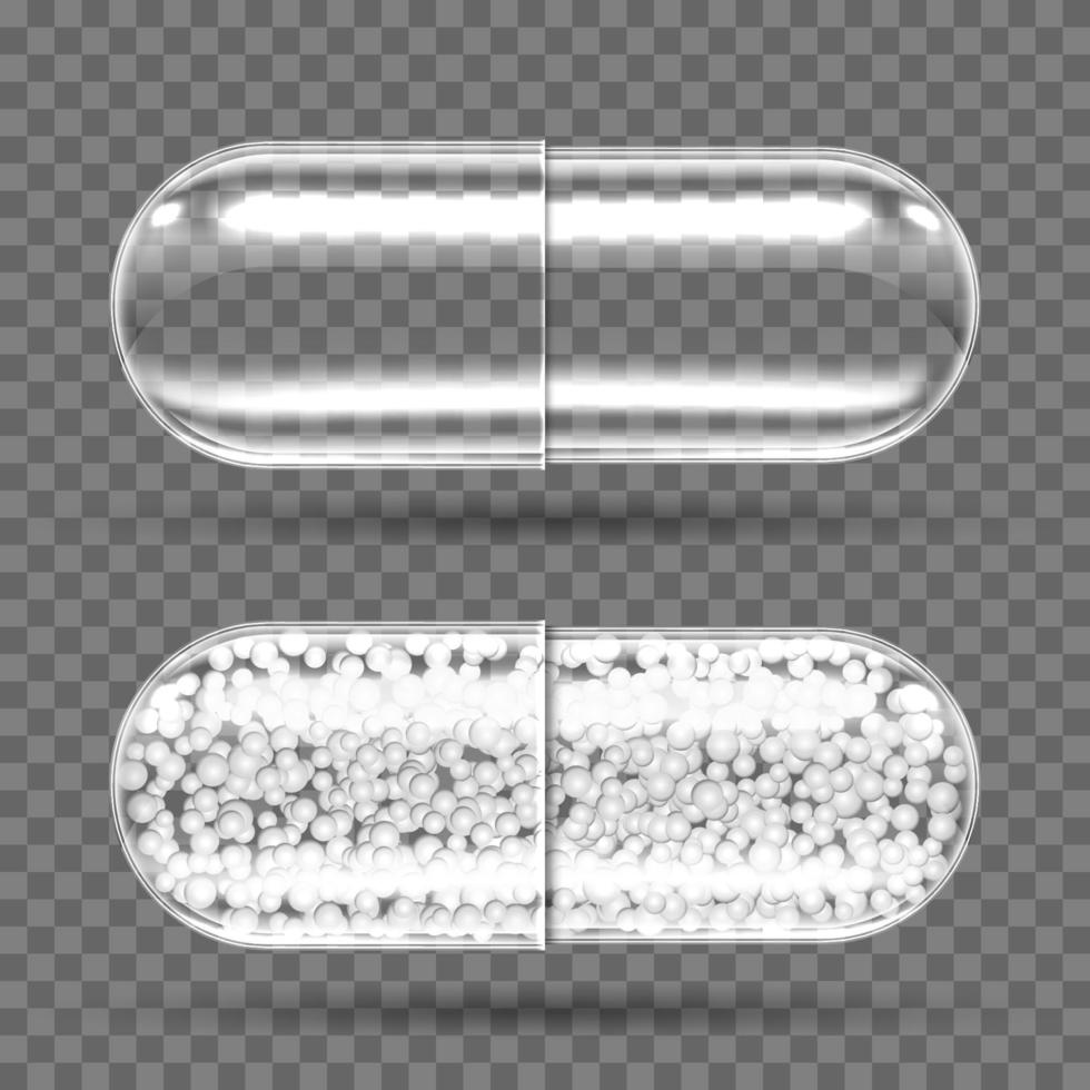 Transparent capsules empty and with granules. vector