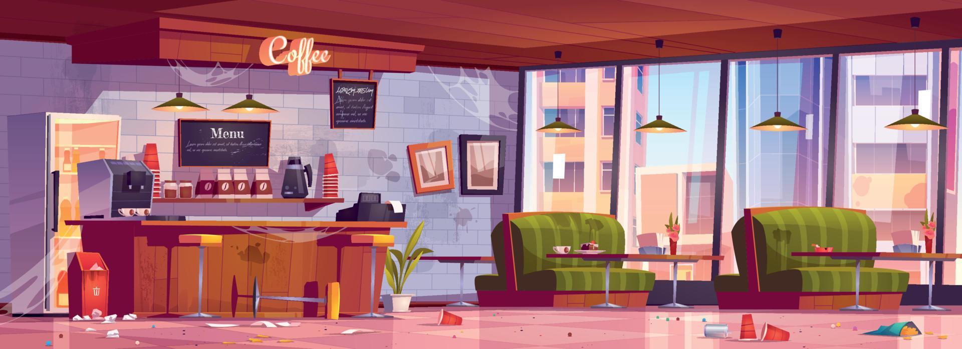 Old dirty abandoned coffee shop with mess vector