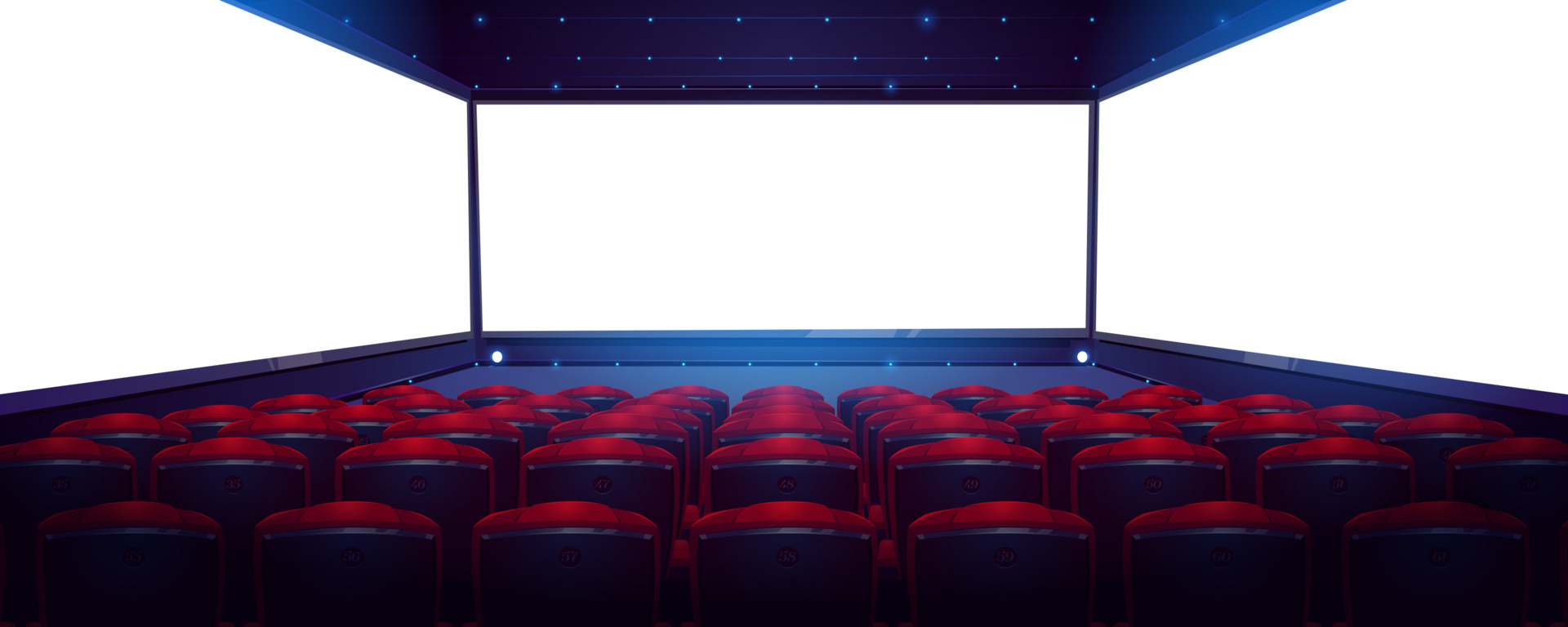 Movie theater, cinema with white screen and seats 15485732 Vector Art at  Vecteezy