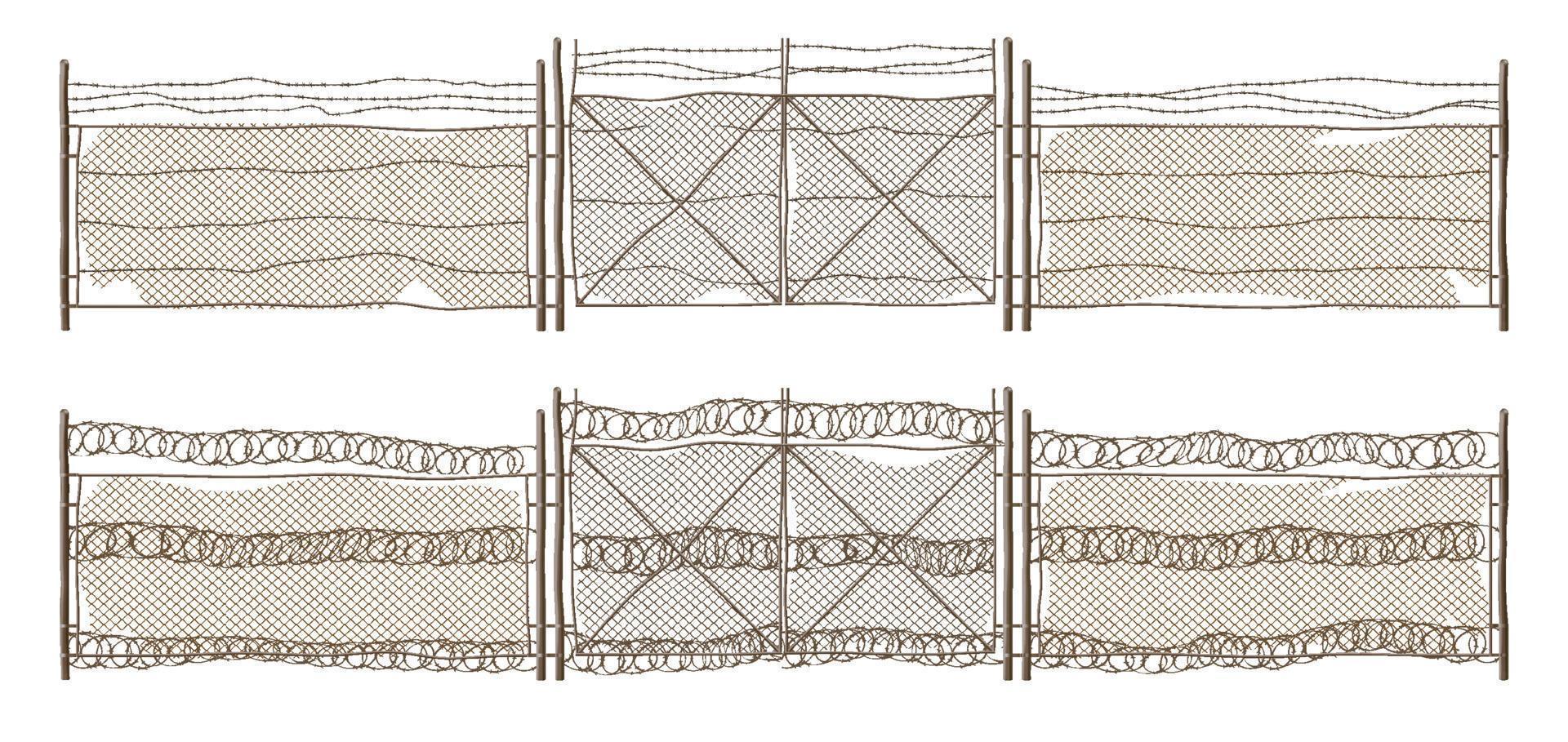 Old metal chain link fence with gate and barbwire vector