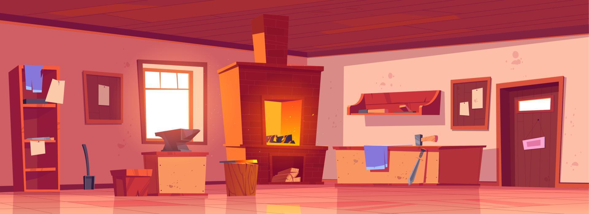 Blacksmith workshop, forge with anvil and hammer vector