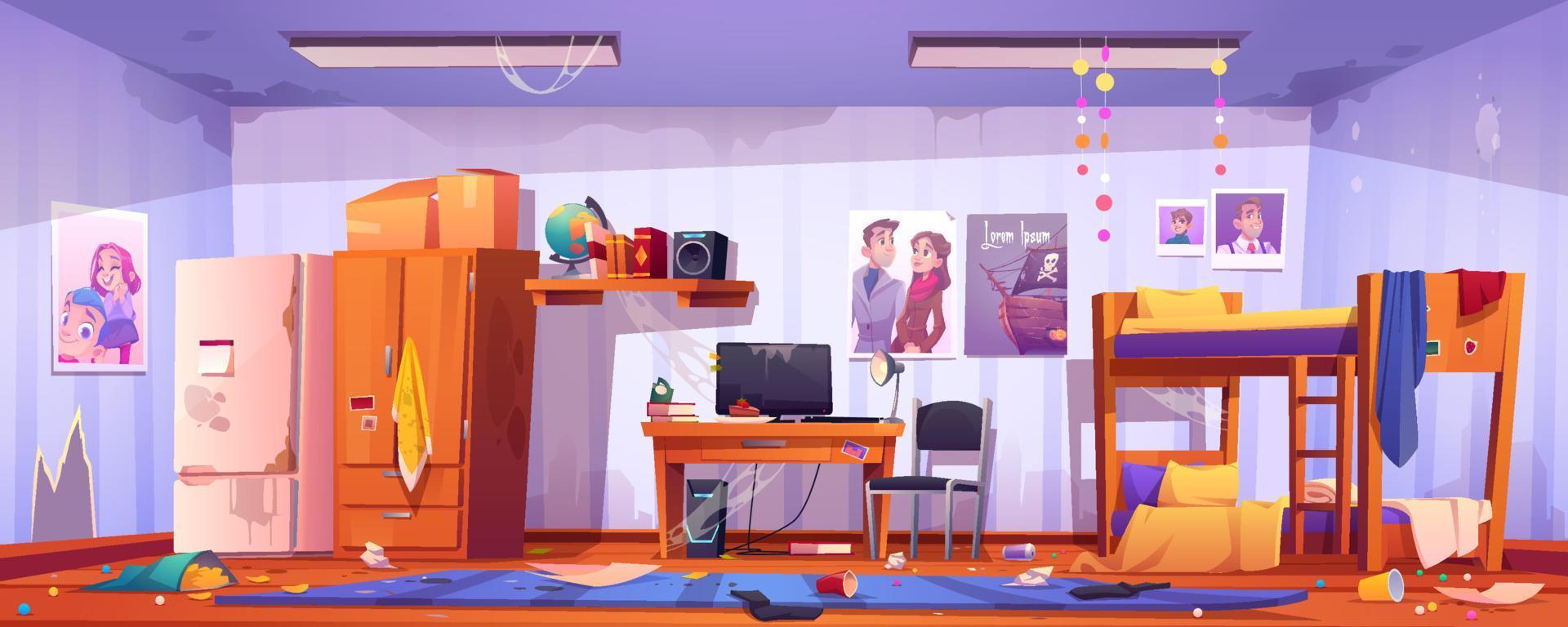 Dirty hostel or student dormitory room, interior vector