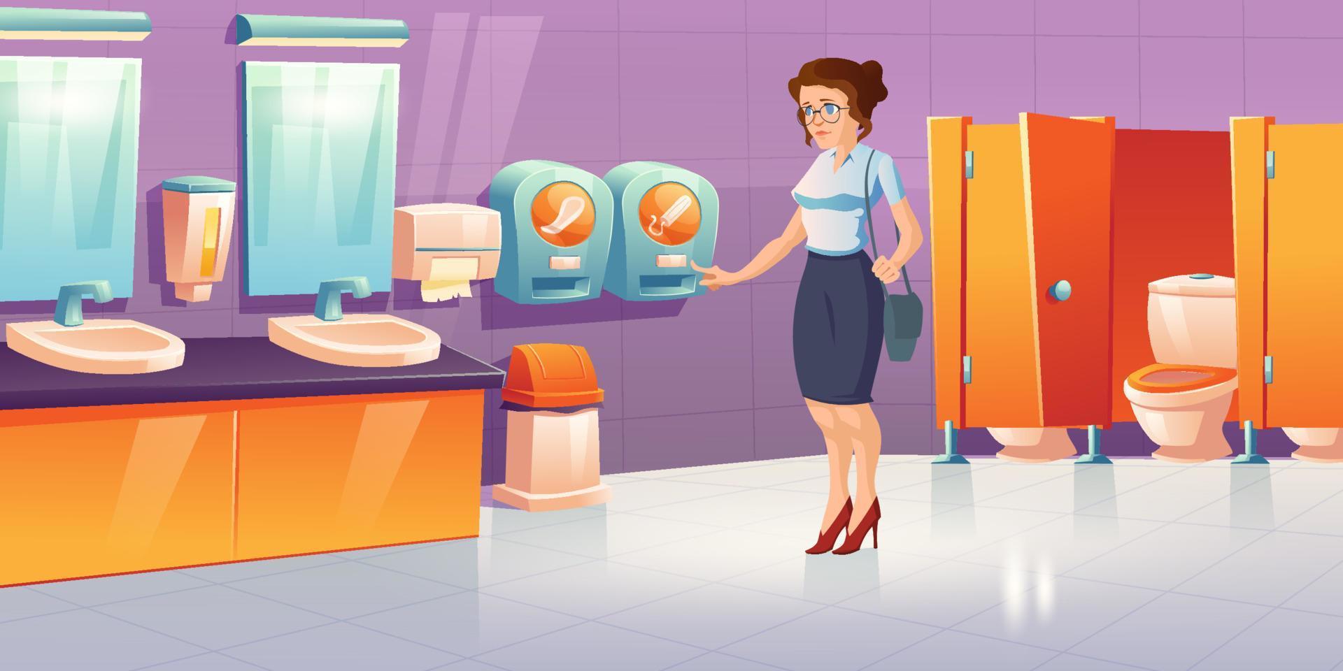 Woman in public toilet with tampon vending machine vector