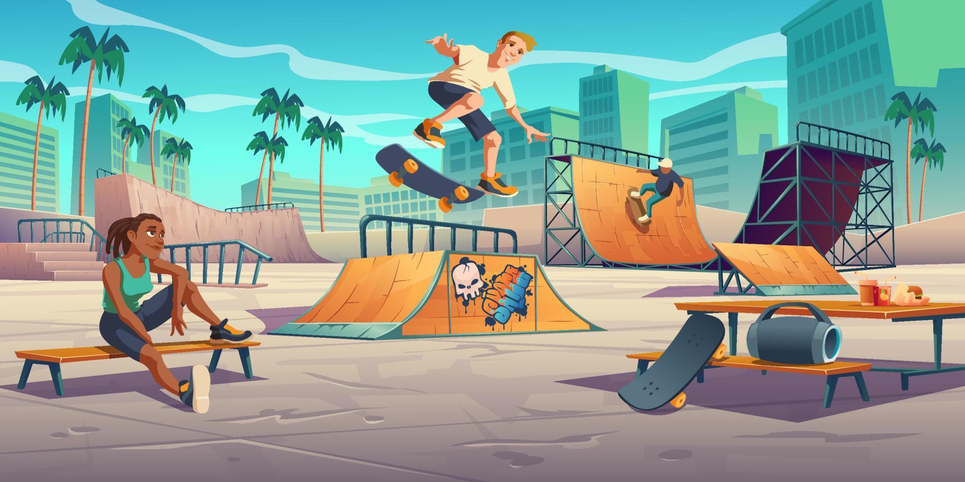 Teenagers in skate park perform skateboard stunts vector