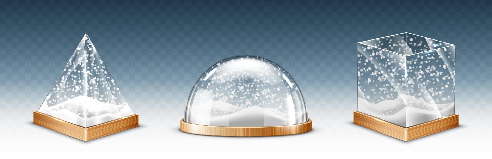 Realistic glass cube, pyramid and dome with snow vector