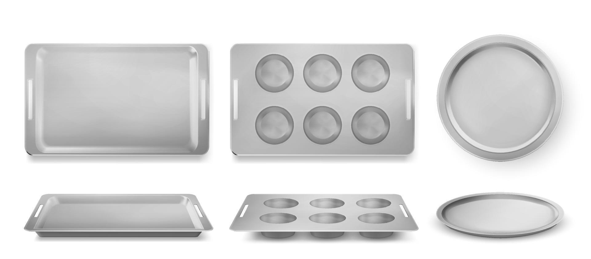 Trays for baking muffins, pizza and bakery set vector
