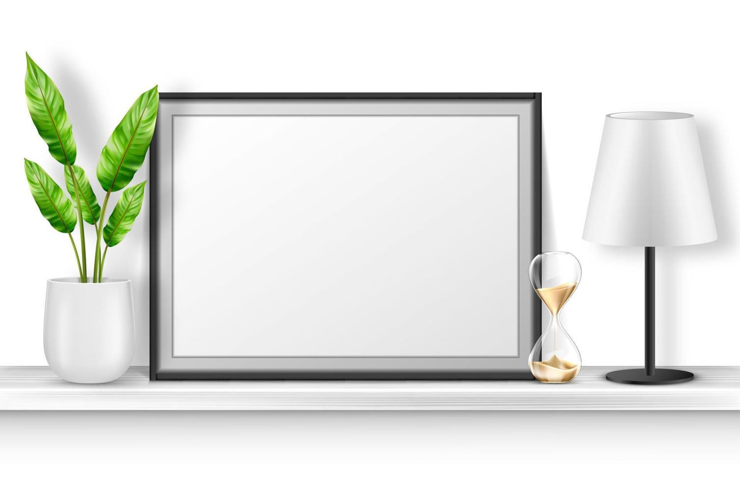 Empty photo frame stand on white shelf with plant vector