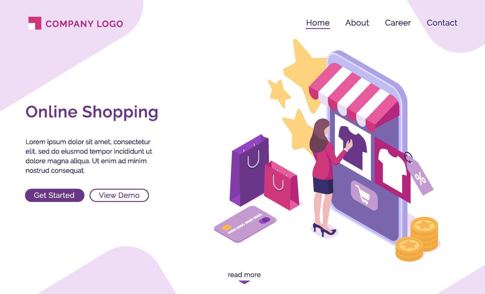 Online shopping isometric landing page, web banner vector