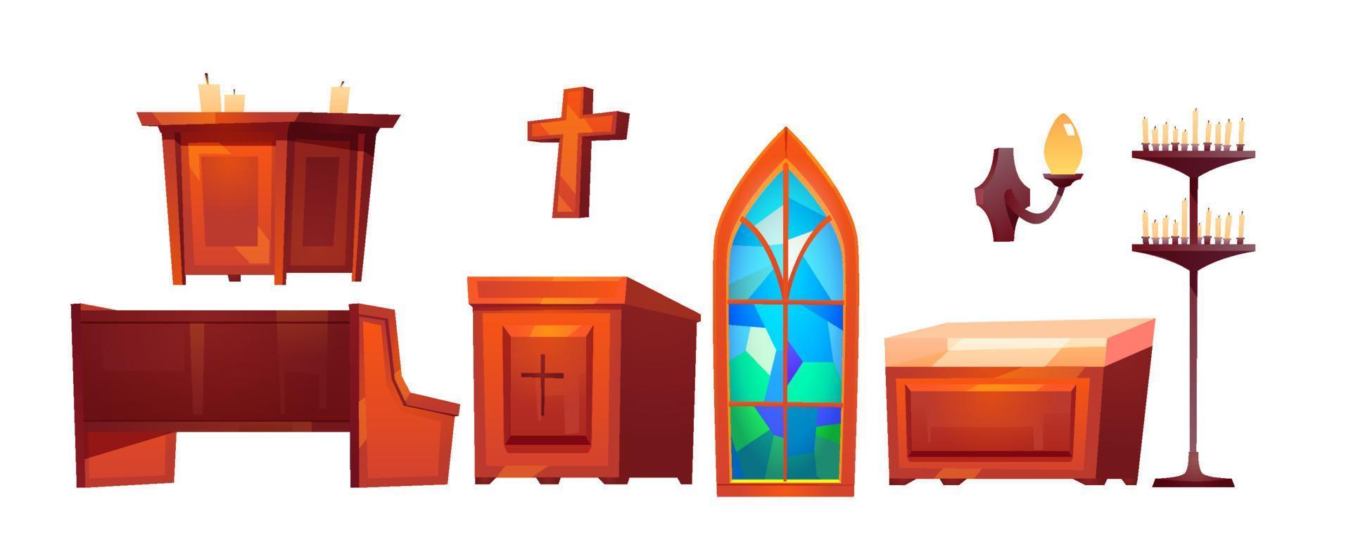 Catholic church inside interior isolated stuff set vector