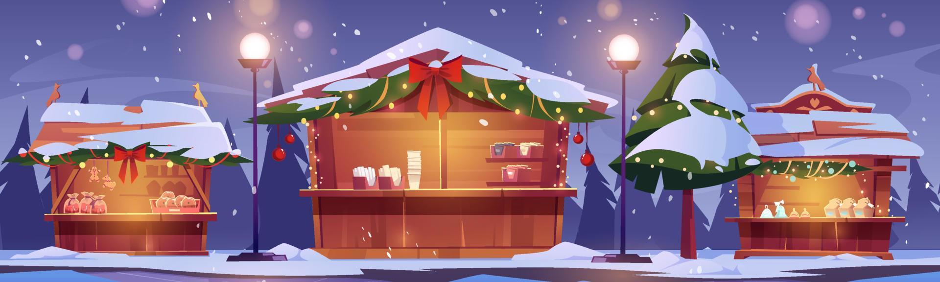 Christmas market stalls, winter street fair booths vector