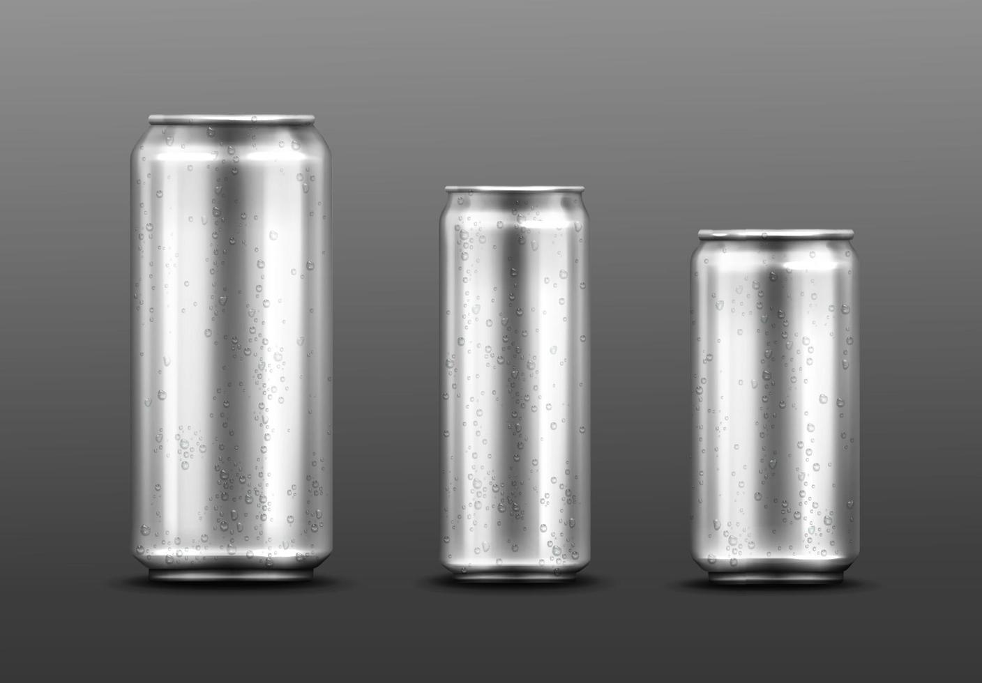 Metal cans with water drops, soda or energy drink vector