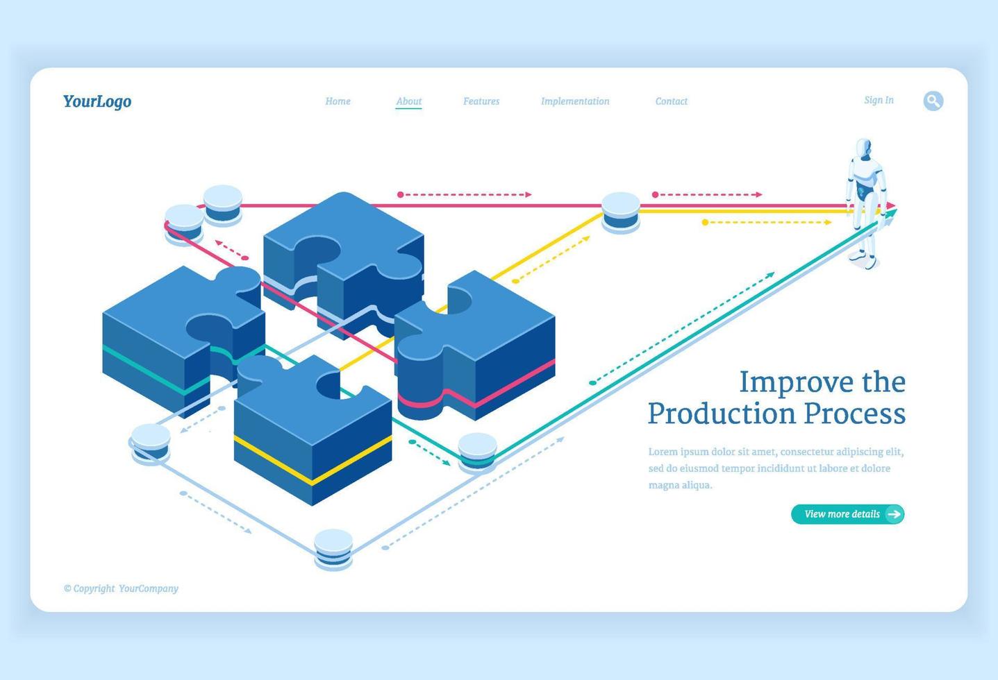 Production process improve isometric landing page vector
