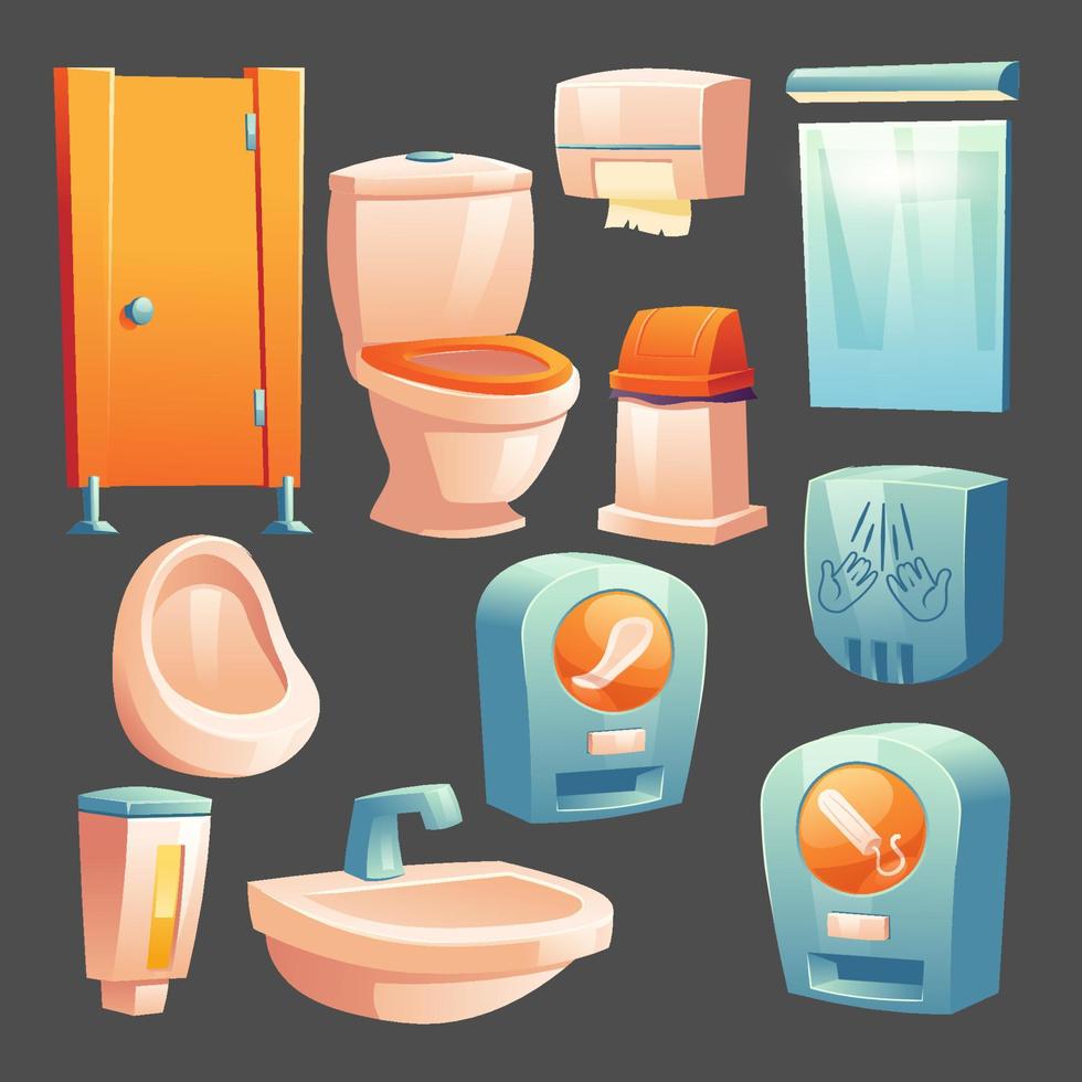 Public toilet stuff, wc cubicle equipment set vector