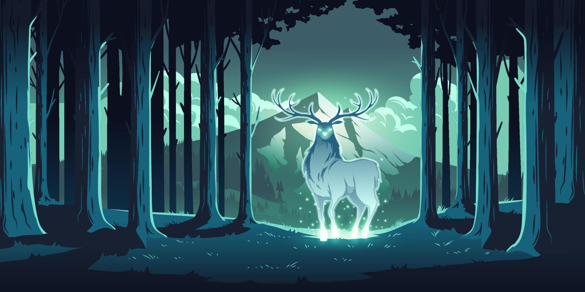 ciervo mágico en el bosque nocturno, ciervo místico brillante vector