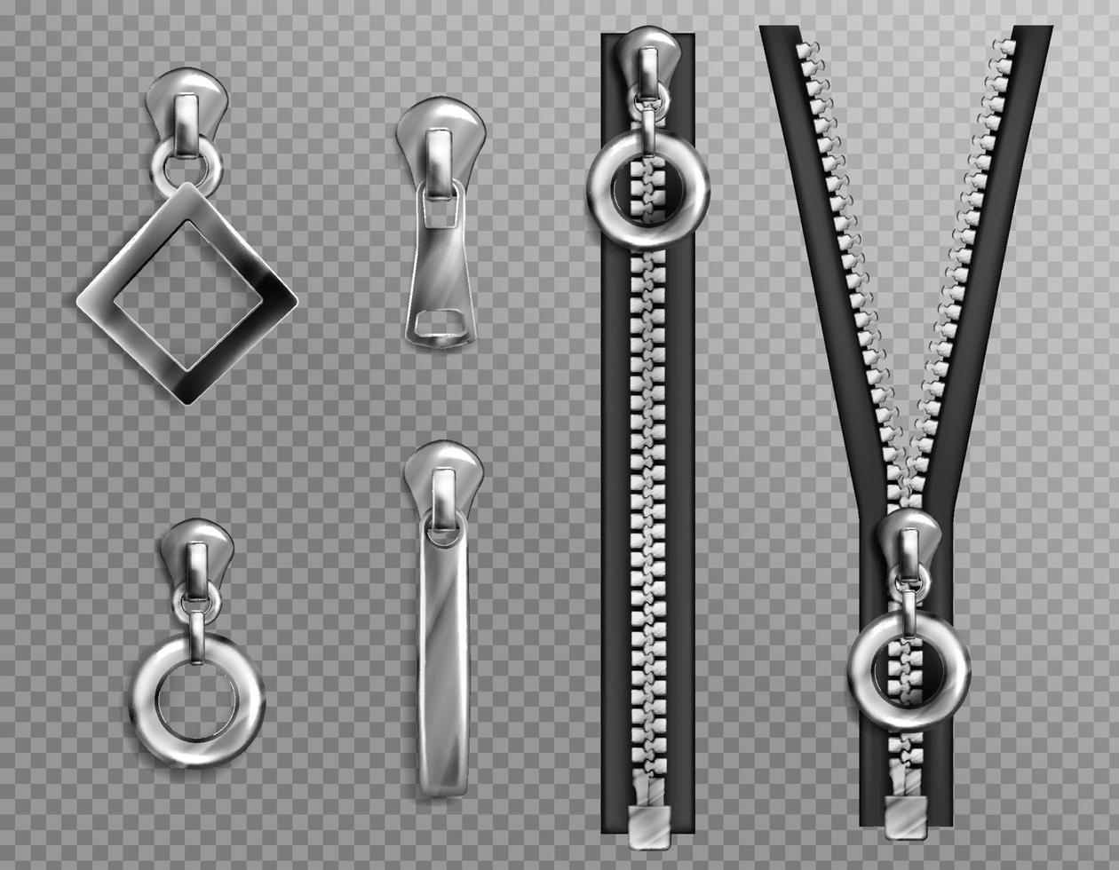 Metal zip fasteners, silver zippers puller set vector