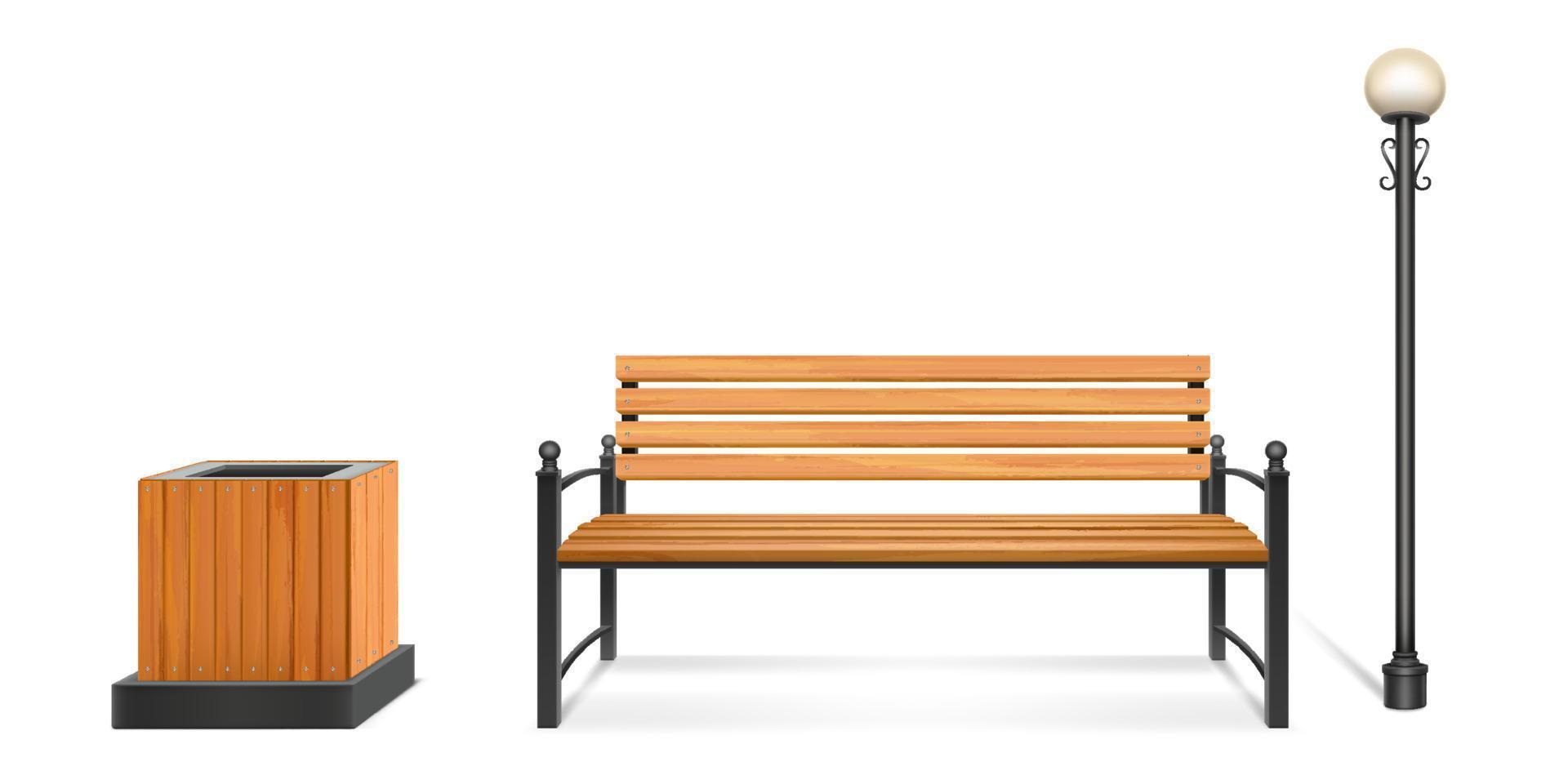 Wooden park bench, street lamp and litter bin set vector