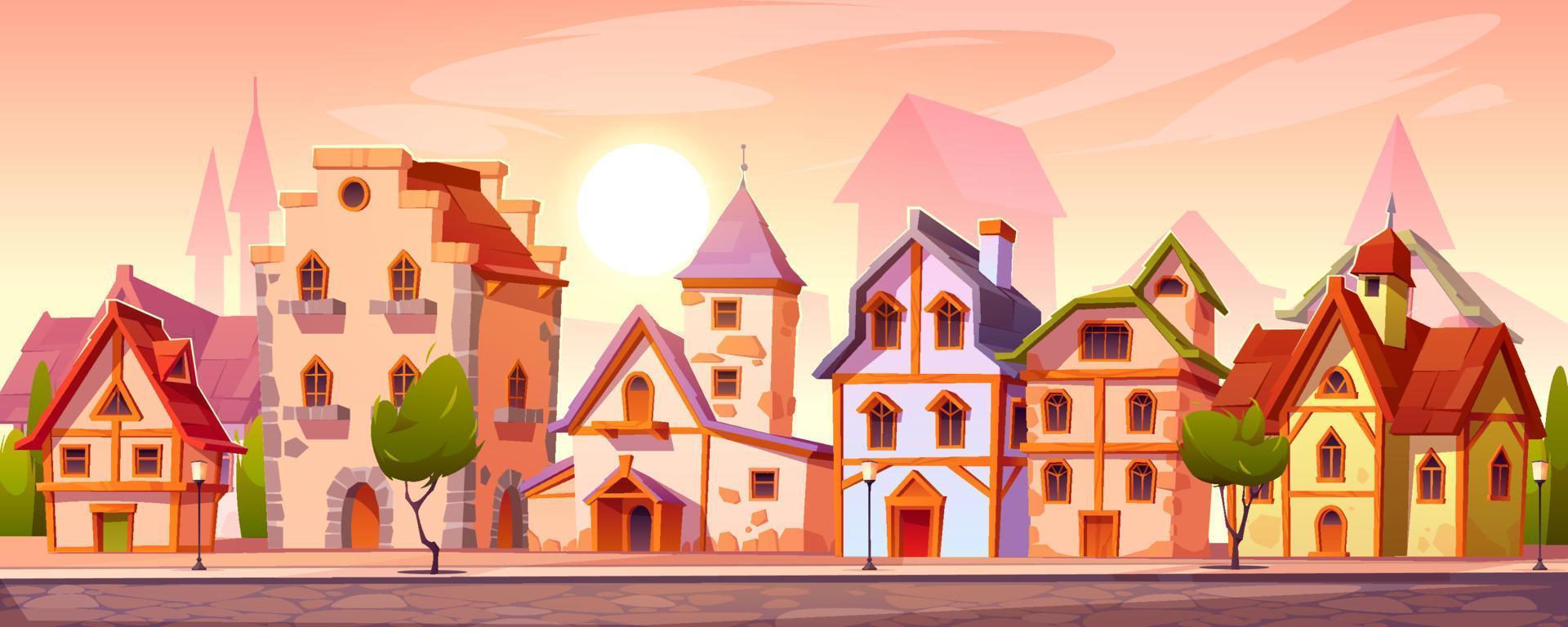 Medieval town street with old european buildings vector