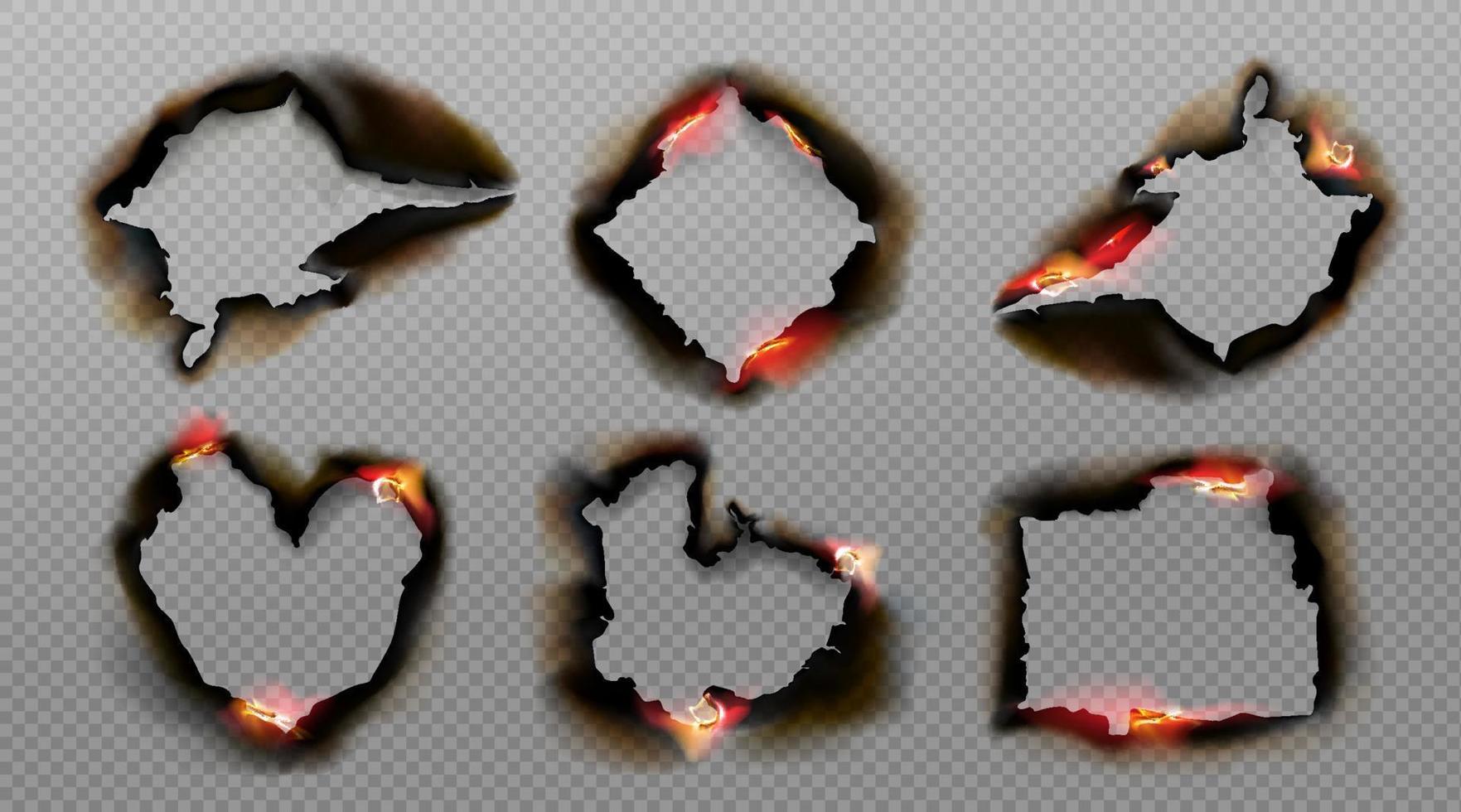 Burnt holes in paper with fire and black ash vector