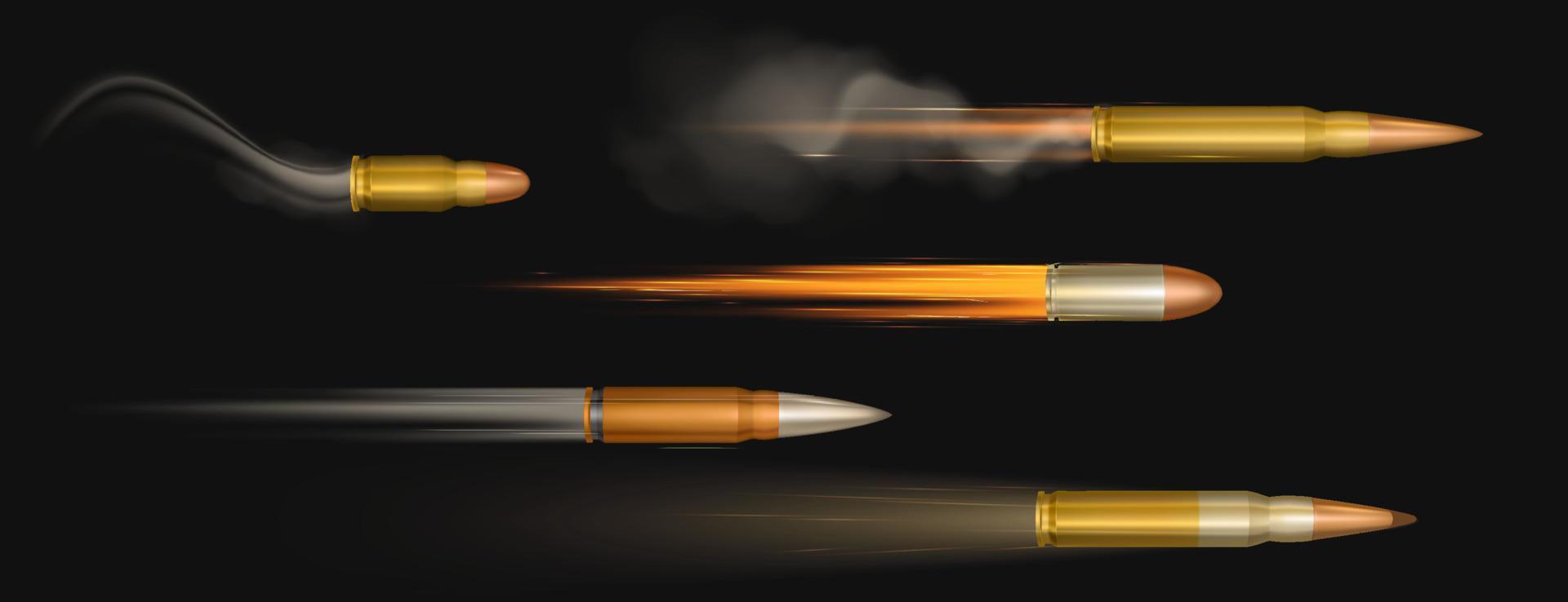 Flying bullets with fire and smoke traces set vector
