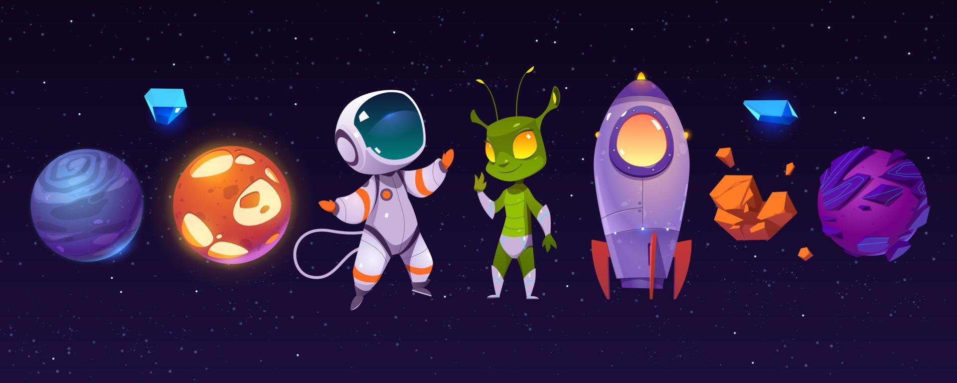Alien, planets, astronaut and rocket in cosmos vector