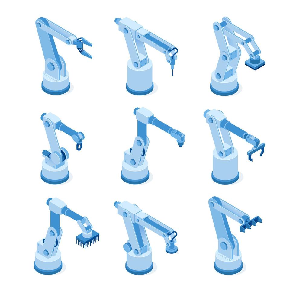 Robotic arms, machine hands on factory or plant vector
