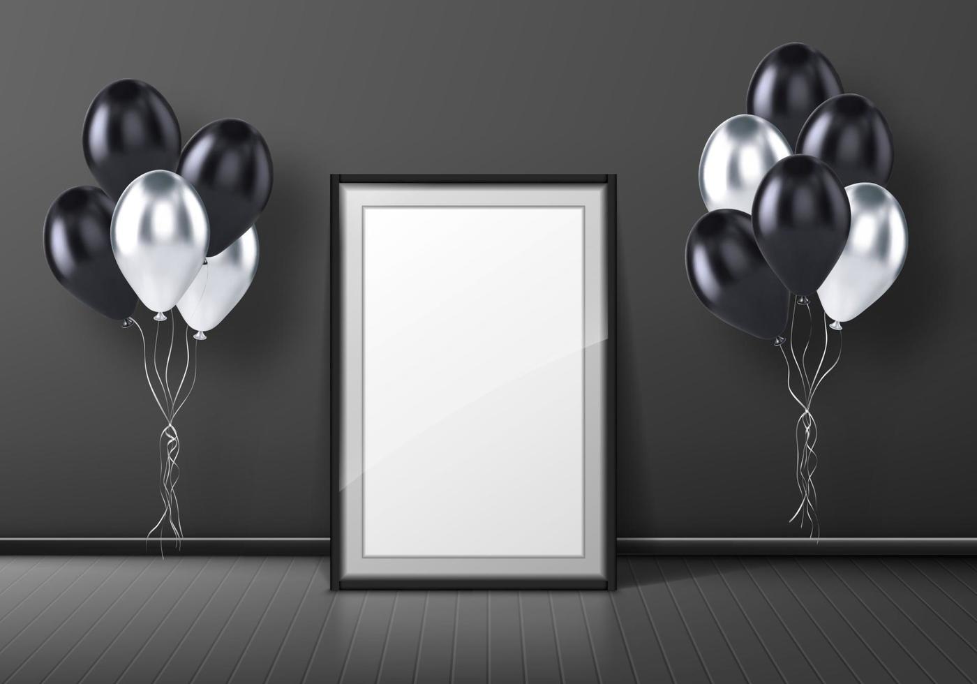 Black photo frame standing on floor and balloons vector
