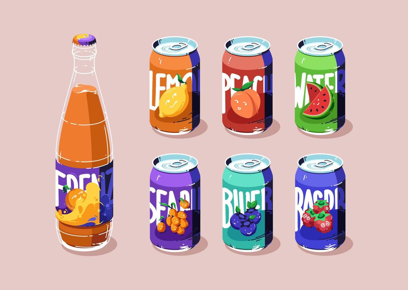 latas y botella de vidrio con jugo o limonada vector