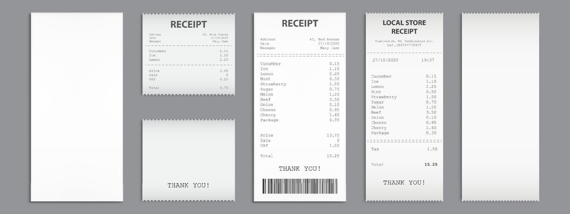 Shop receipts, paper cash checks with barcode vector