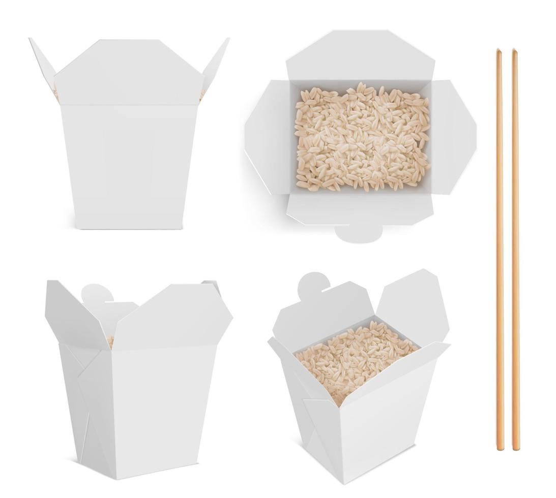 caja blanca vectorial con arroz y palillos vector