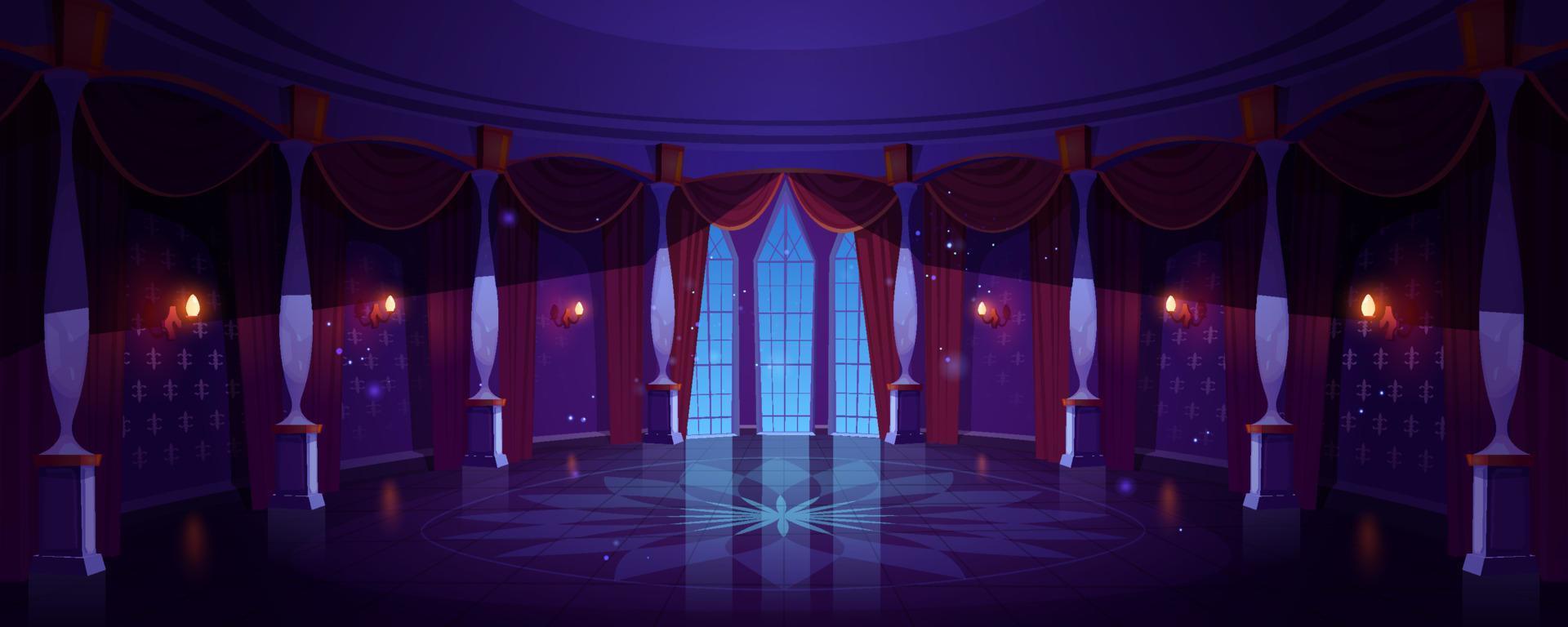 Castle ballroom, night empty palace hall interior vector