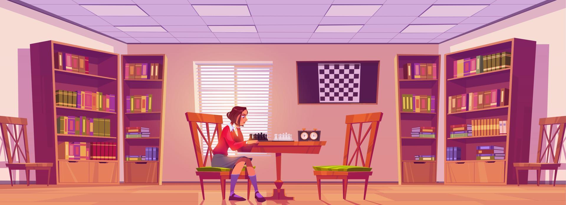 Girl in chess club playing board game, chessboard vector