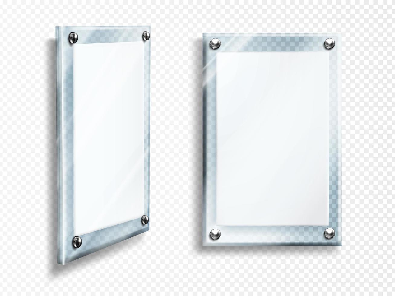 Acrylic poster, blank glass frame hang on wall vector