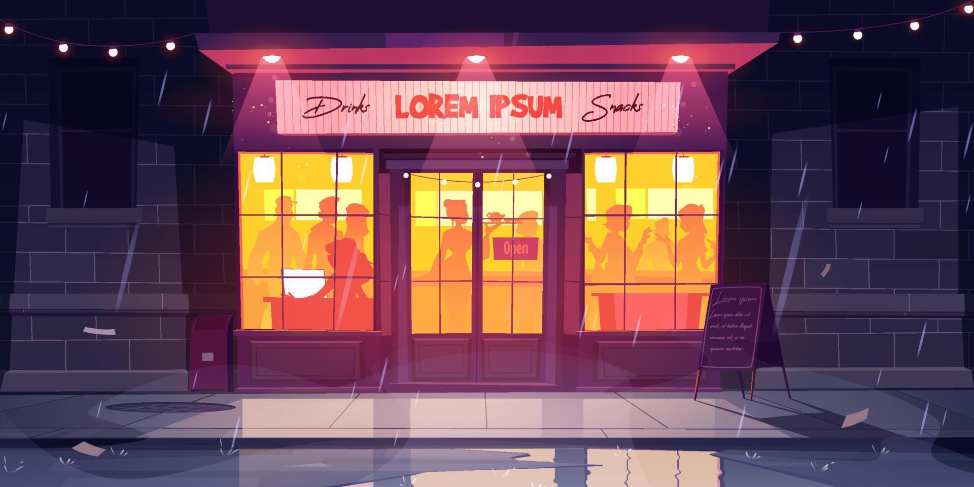 City street with bar or cafe at rainy night vector