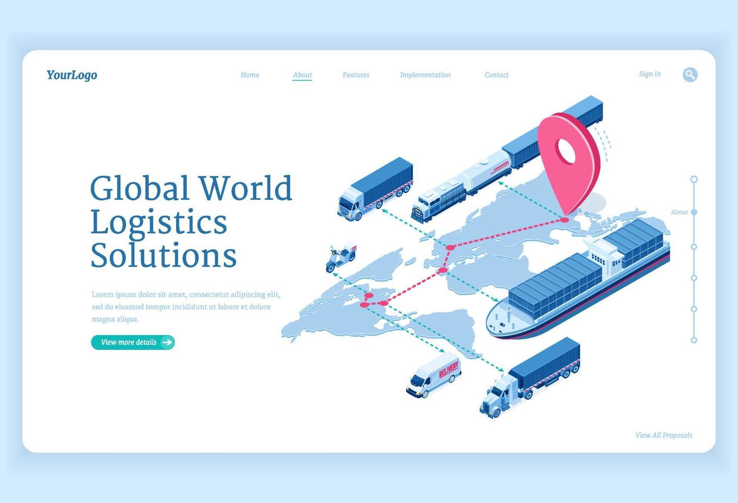 Global logistics solutions isometric landing page vector