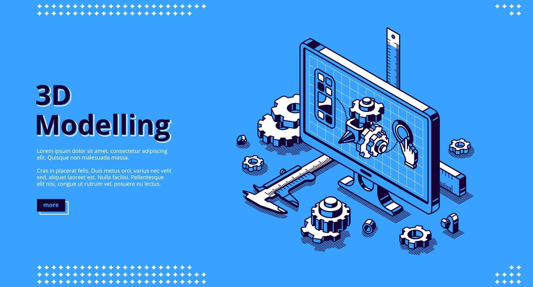 3d modelling isometric landing page, cad model vector