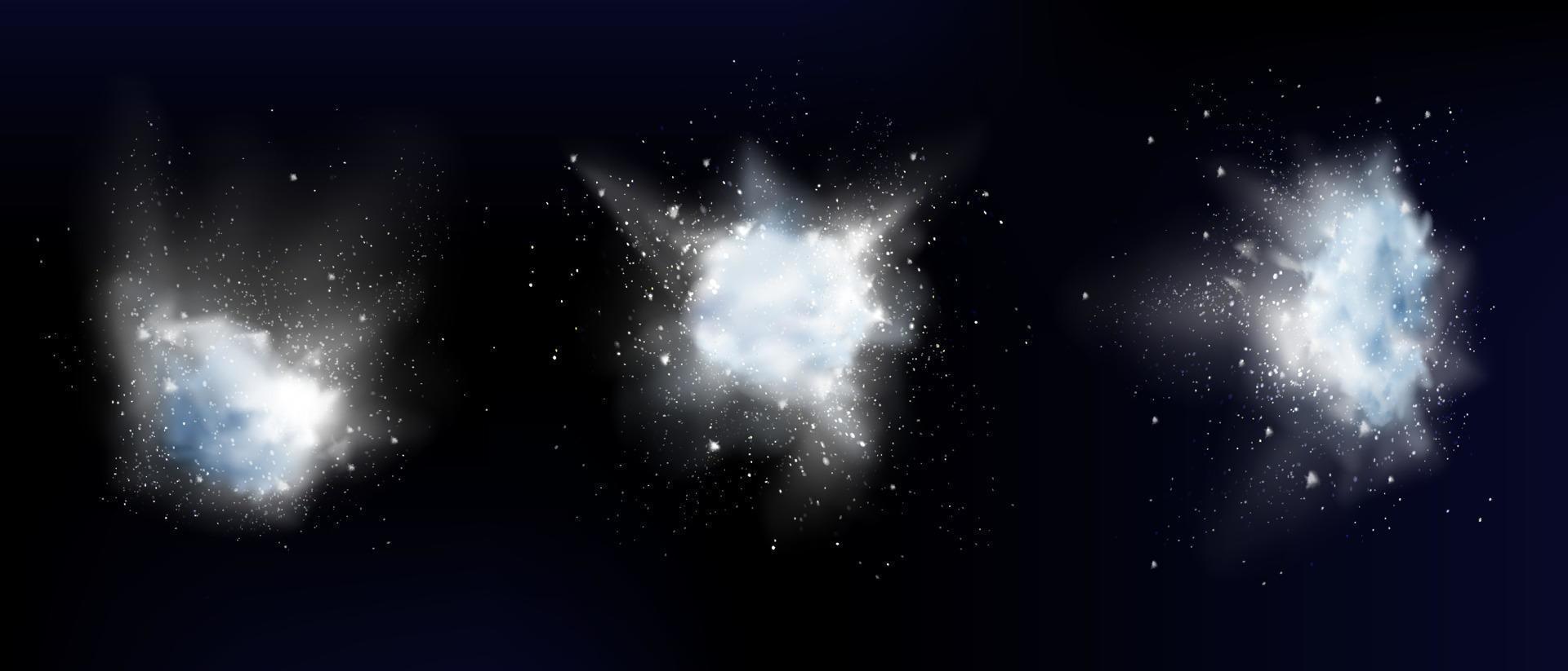 Snow powder white explosion or snowflakes clouds vector