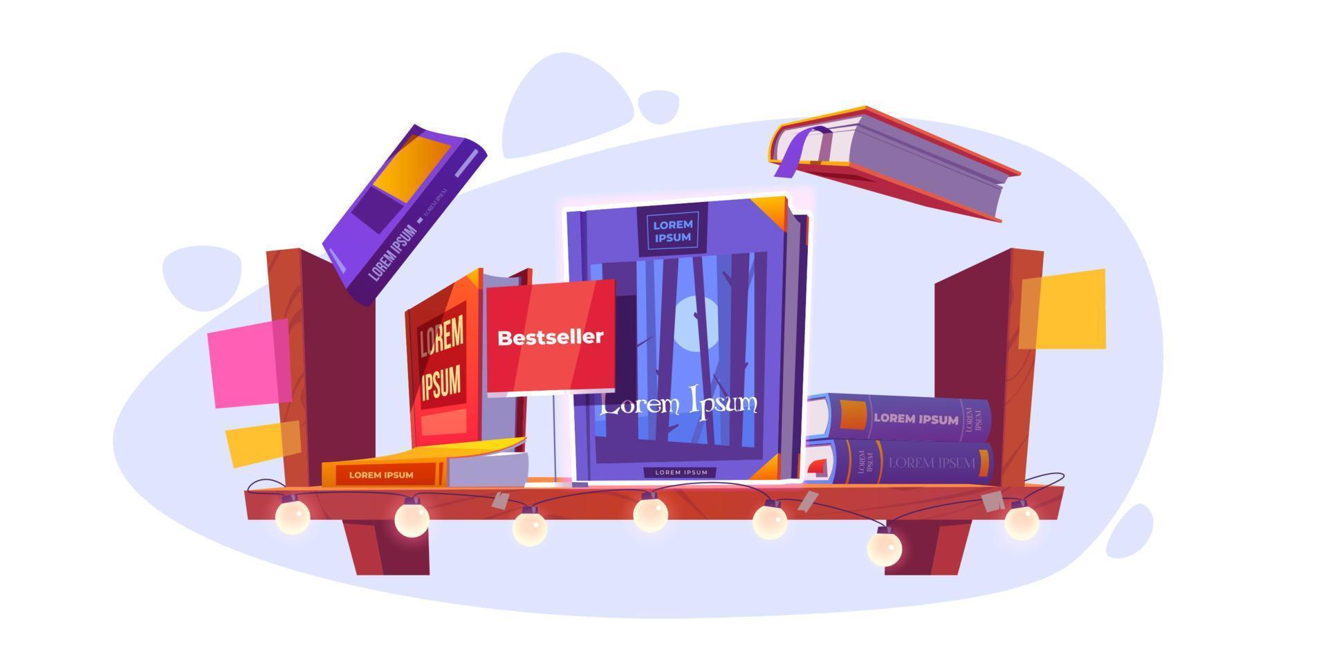 Bestseller and books stand on wooden bookshelf vector