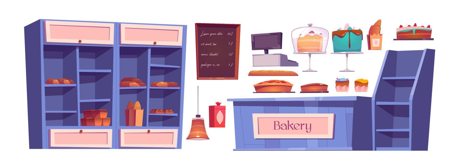 Bakery products and bake house interior stuff set vector