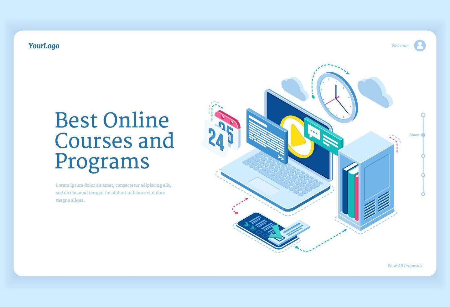 Online courses and programs isometric landing page vector