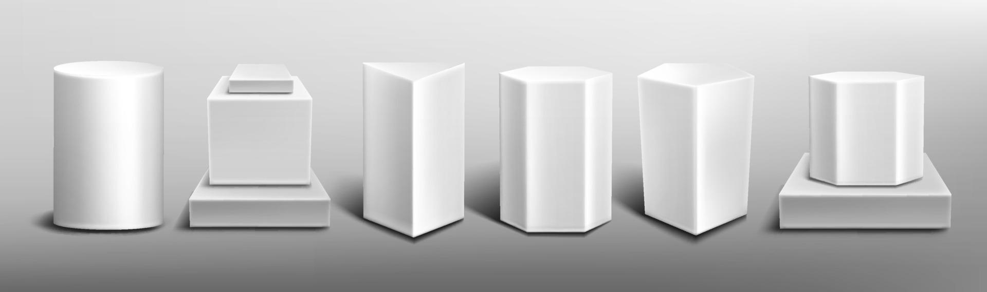 White pedestals, empty 3d stands different shapes vector