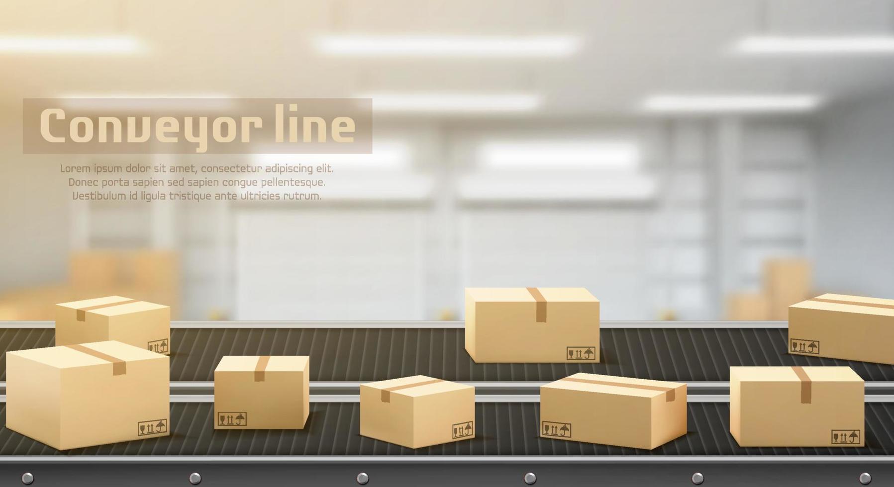 Conveyor line with carton boxes moving side view vector