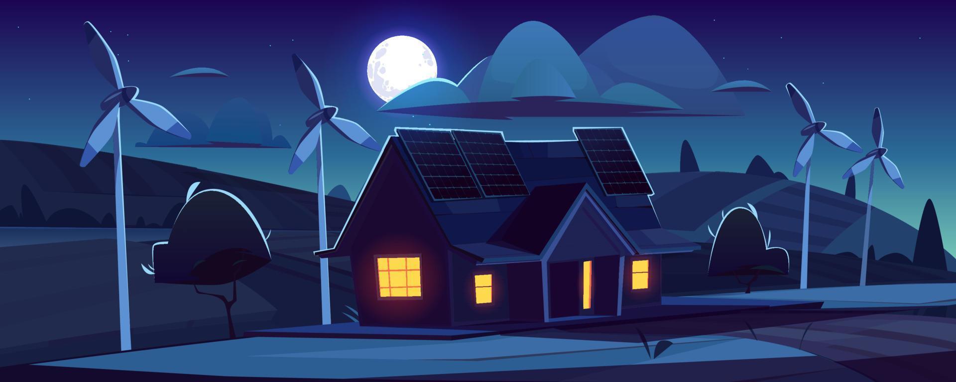 casa con paneles solares y turbinas de viento en la noche vector