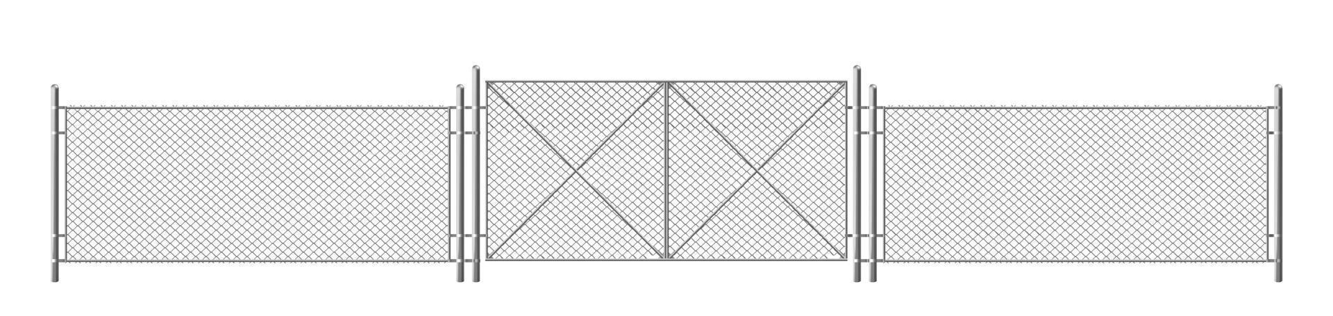 Wire fence, grid with gate. Three segments fencing vector