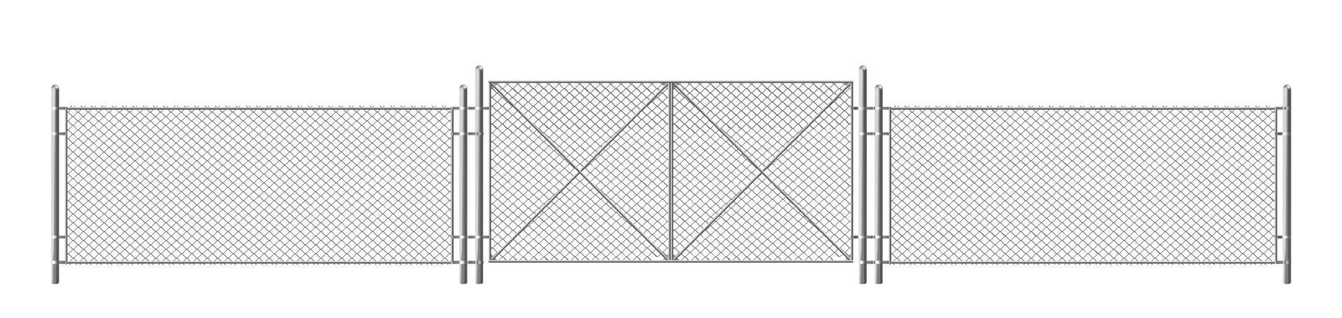 Wire fence, grid with gate. Three segments fencing vector