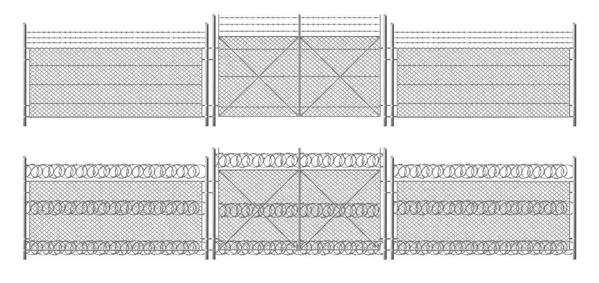 Barb wire fence, grid with gate. Three segments vector
